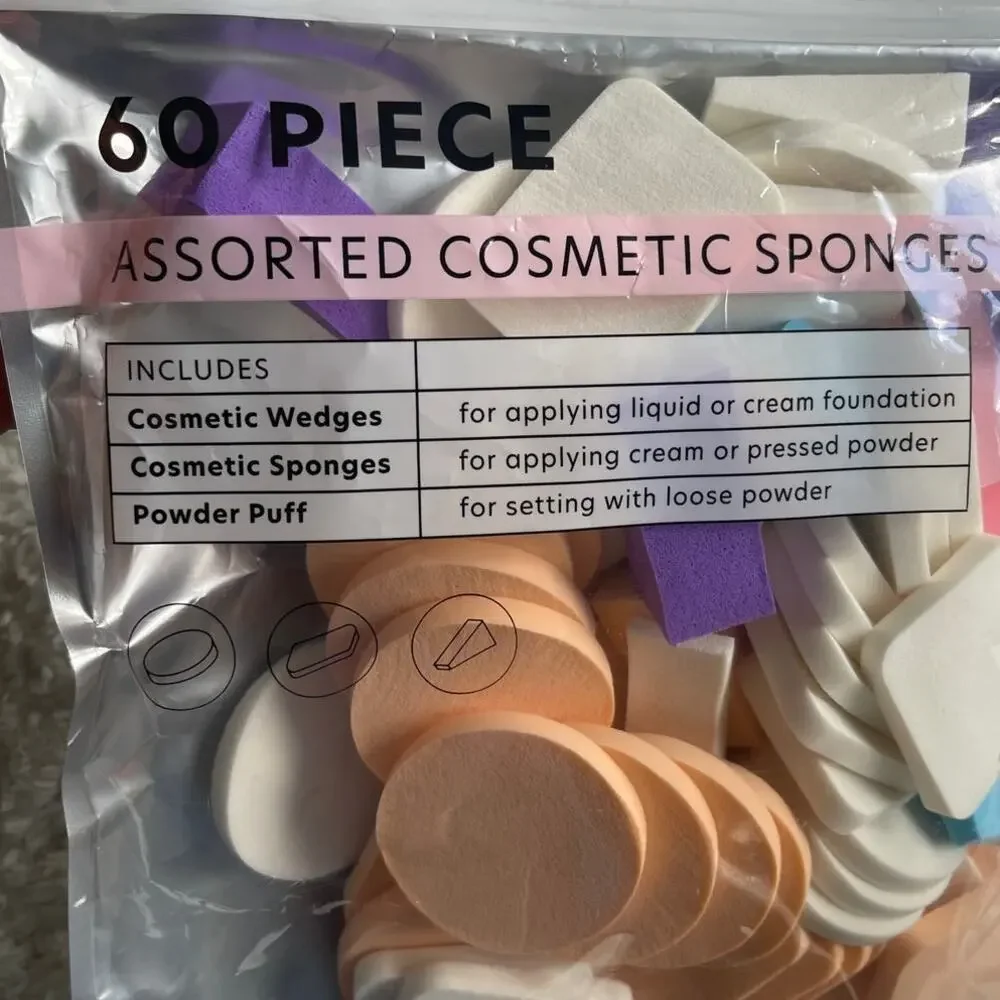 60 Piece Assorted Cosmetic Sponges Makeup Wedges Puffs Blenders Applicators NEW